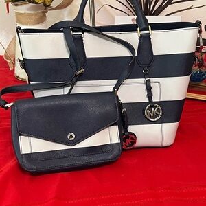 Michael Kors Blue and White stripe Handbag/tote with matching crossbody purse
